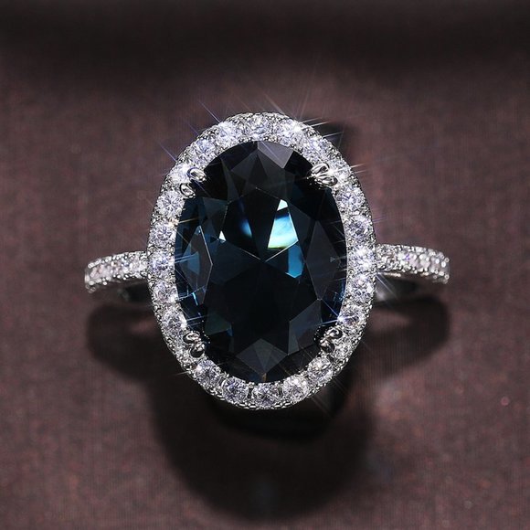 Noble Hollow Anillos Super Large Oval Pure Royal Blue CZ Silver Ring, L263 - Picture 7 of 9